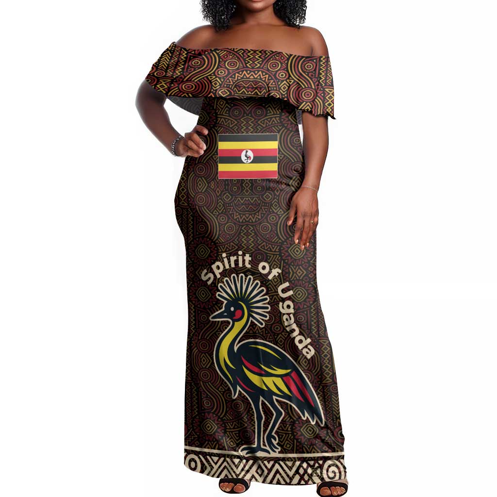 Uganda Off Shoulder Maxi Dress - Grey Crowned Crane and Tribal Pattern Spirit of Uganda Theme