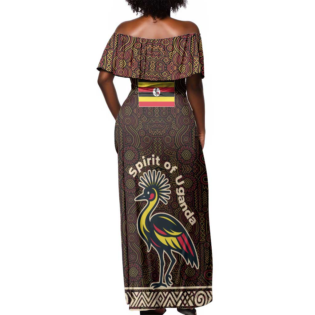 Uganda Off Shoulder Maxi Dress - Grey Crowned Crane and Tribal Pattern Spirit of Uganda Theme