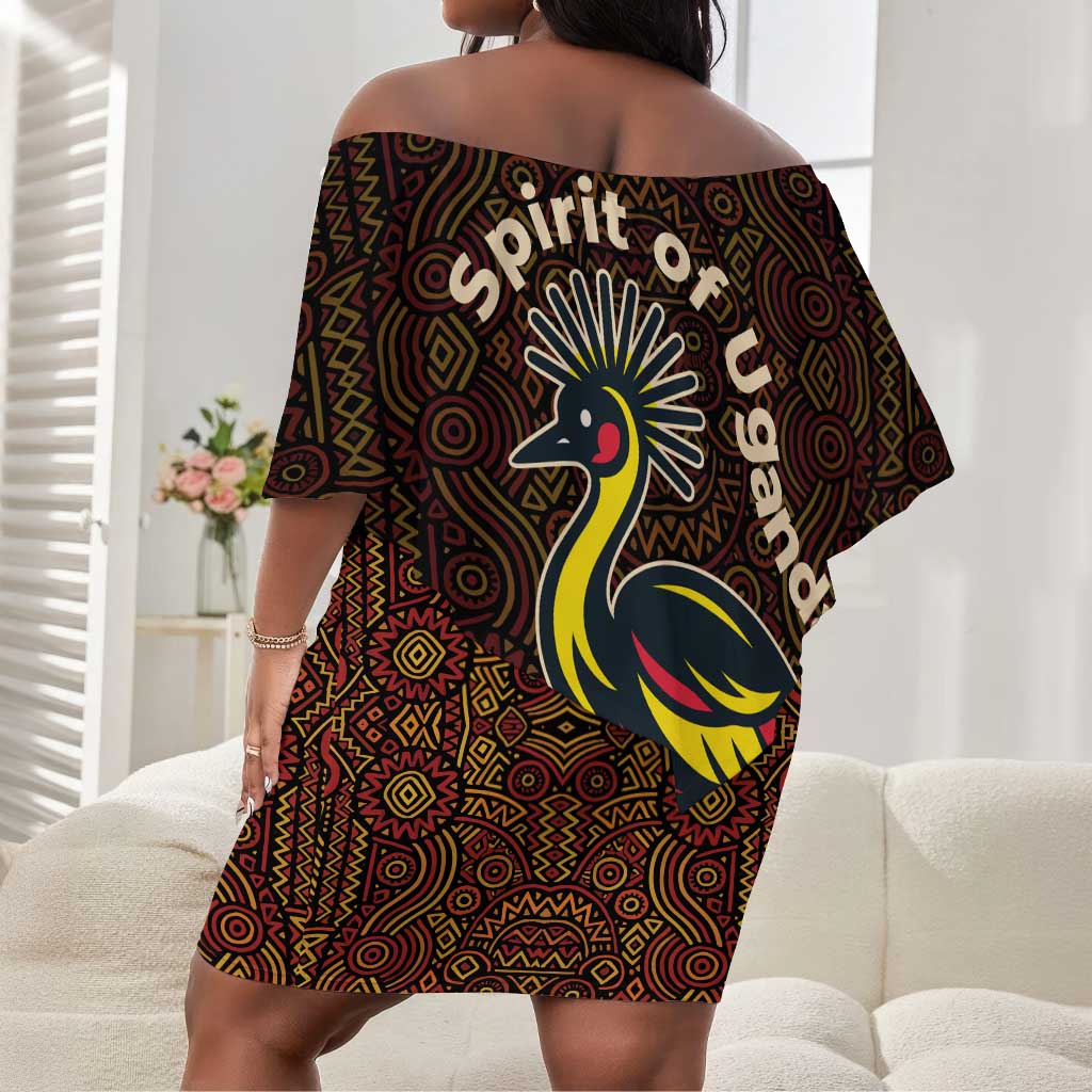 Uganda Off Shoulder Short Dress - Grey Crowned Crane and Tribal Pattern Spirit of Uganda Theme