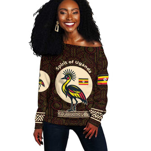 Uganda Off Shoulder Sweater - Grey Crowned Crane and Tribal Pattern Spirit of Uganda Theme