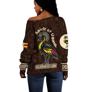 Uganda Off Shoulder Sweater - Grey Crowned Crane and Tribal Pattern Spirit of Uganda Theme