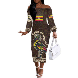 Uganda Off The Shoulder Long Sleeve Dress - Grey Crowned Crane and Tribal Pattern Spirit of Uganda Theme