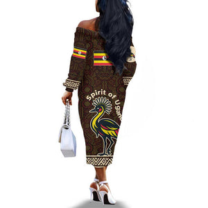 Uganda Off The Shoulder Long Sleeve Dress - Grey Crowned Crane and Tribal Pattern Spirit of Uganda Theme