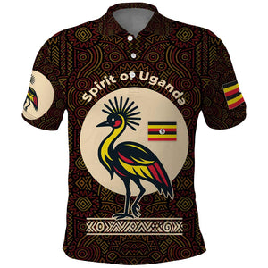 Uganda Polo Shirt - Grey Crowned Crane and Tribal Pattern Spirit of Uganda Theme