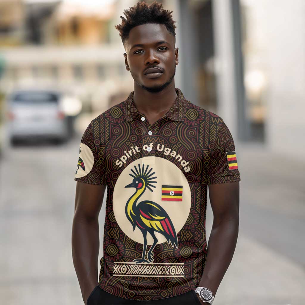 Uganda Polo Shirt - Grey Crowned Crane and Tribal Pattern Spirit of Uganda Theme