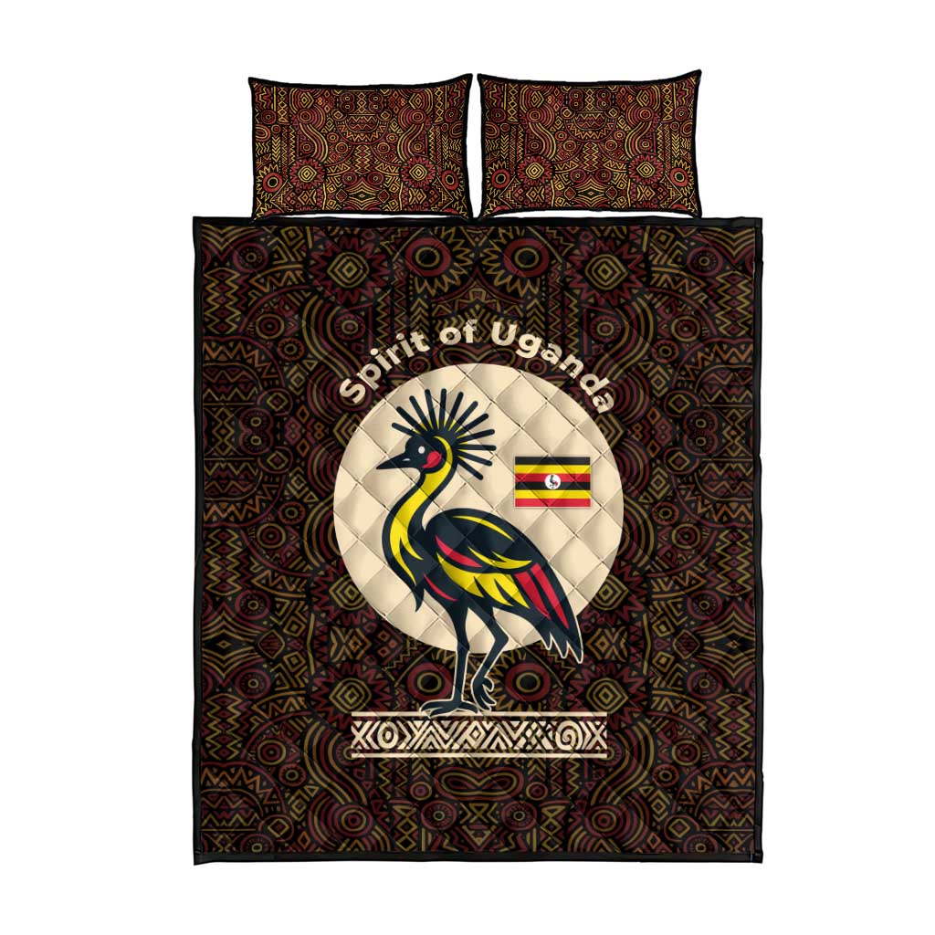 Uganda Quilt Bed Set - Grey Crowned Crane and Tribal Pattern Spirit of Uganda Theme