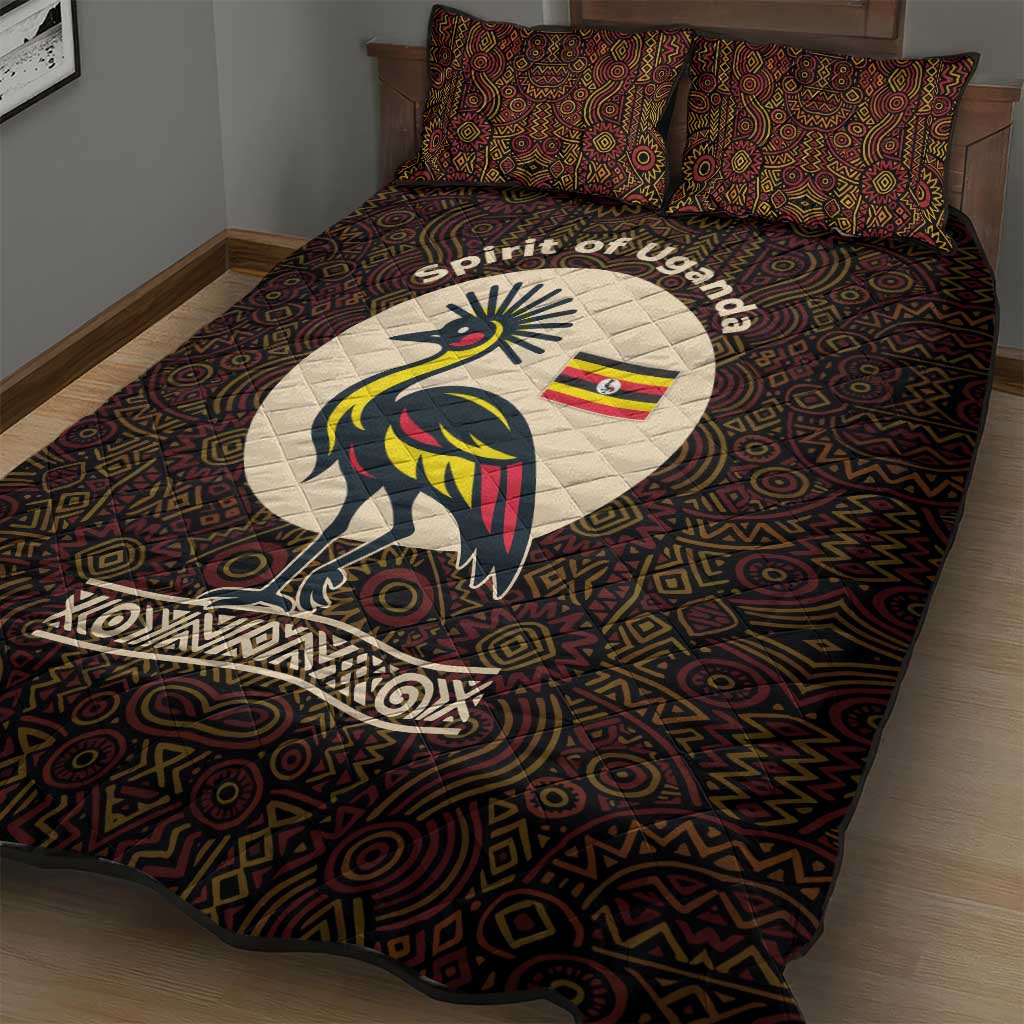 Uganda Quilt Bed Set - Grey Crowned Crane and Tribal Pattern Spirit of Uganda Theme