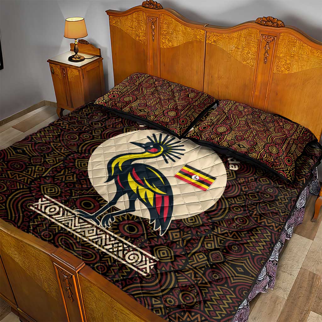 Uganda Quilt Bed Set - Grey Crowned Crane and Tribal Pattern Spirit of Uganda Theme