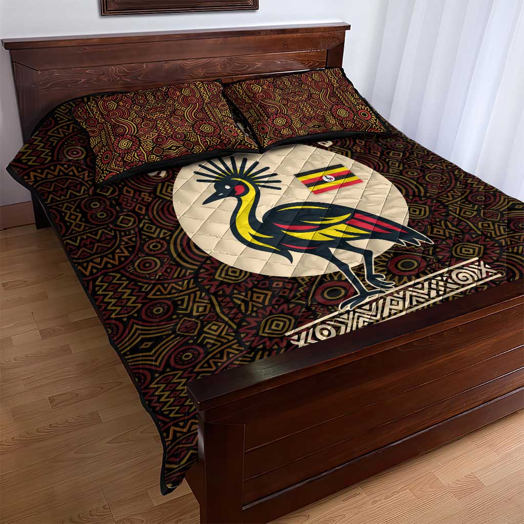 Uganda Quilt Bed Set - Grey Crowned Crane and Tribal Pattern Spirit of Uganda Theme