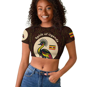 Uganda Raglan Cropped T shirt - Grey Crowned Crane and Tribal Pattern Spirit of Uganda Theme