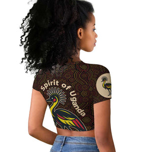 Uganda Raglan Cropped T shirt - Grey Crowned Crane and Tribal Pattern Spirit of Uganda Theme