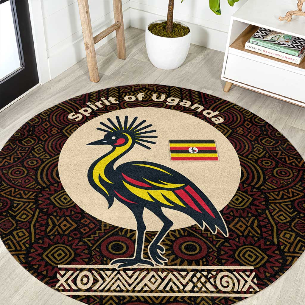 Uganda Round Carpet - Grey Crowned Crane and Tribal Pattern Spirit of Uganda Theme