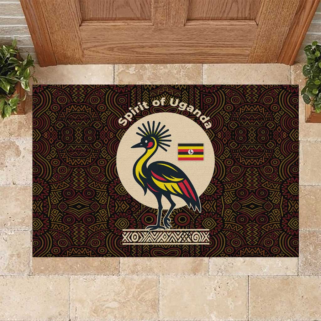 Uganda Rubber Doormat - Grey Crowned Crane and Tribal Pattern Spirit of Uganda Theme