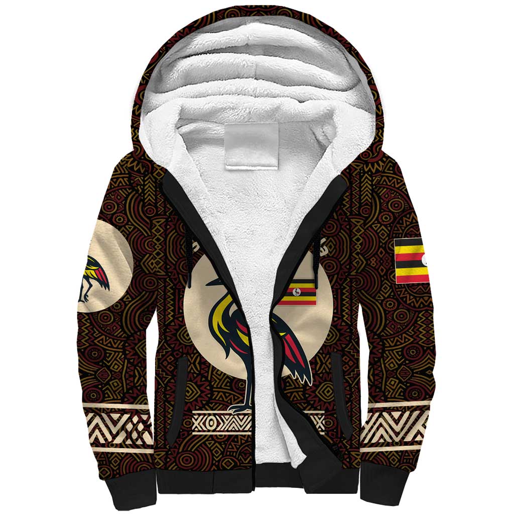 Uganda Sherpa Hoodie - Grey Crowned Crane and Tribal Pattern Spirit of Uganda Theme