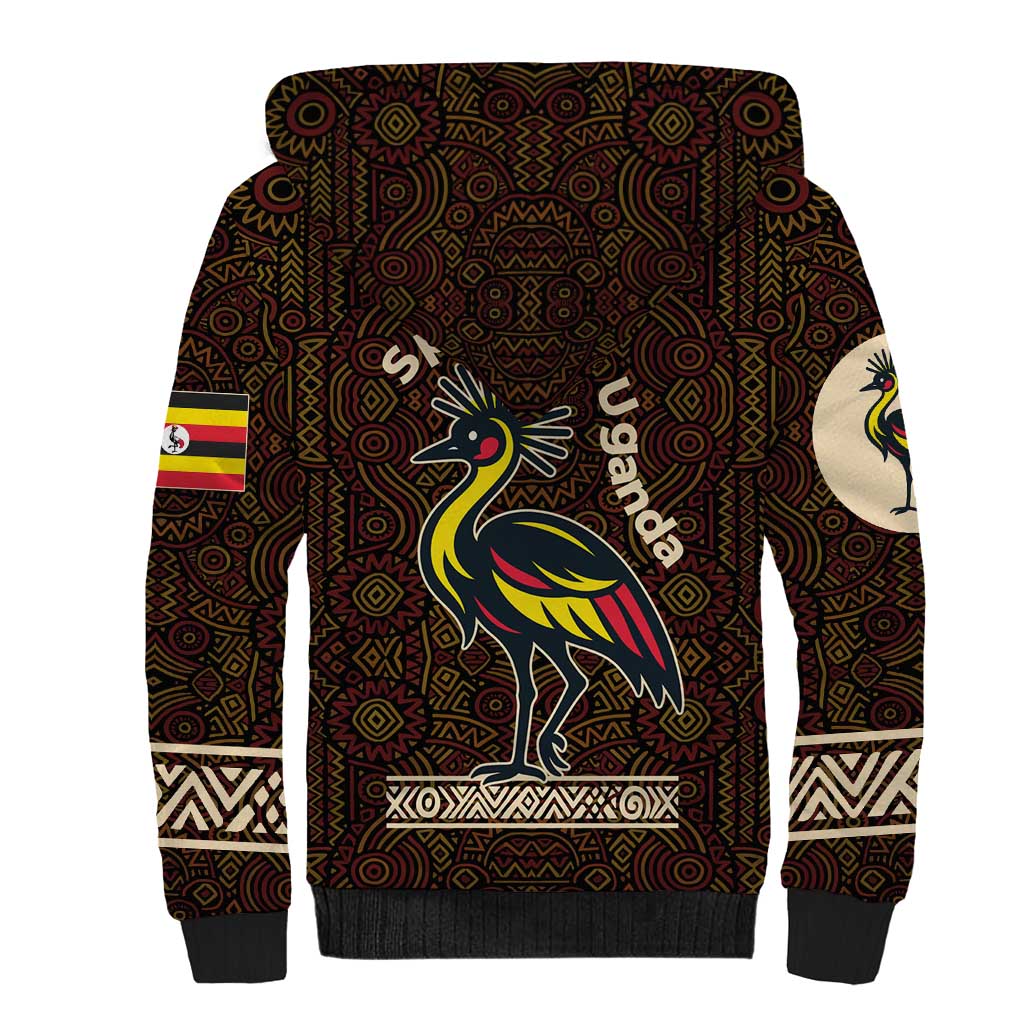 Uganda Sherpa Hoodie - Grey Crowned Crane and Tribal Pattern Spirit of Uganda Theme