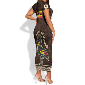 Uganda Short Sleeve Bodycon Dress - Grey Crowned Crane and Tribal Pattern Spirit of Uganda Theme TS04