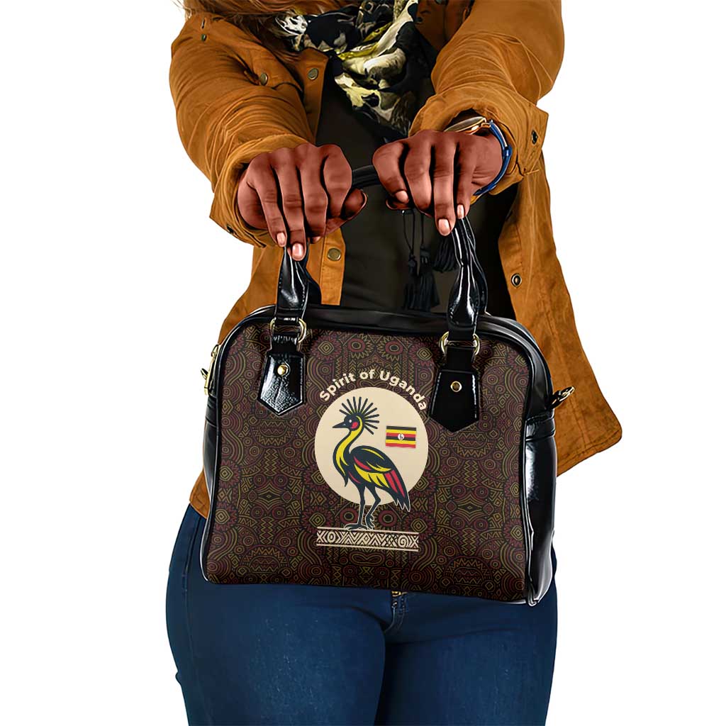 Uganda Shoulder Handbag - Grey Crowned Crane and Tribal Pattern Spirit of Uganda Theme