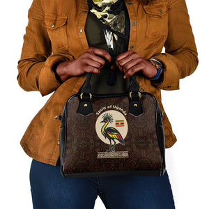 Uganda Shoulder Handbag - Grey Crowned Crane and Tribal Pattern Spirit of Uganda Theme