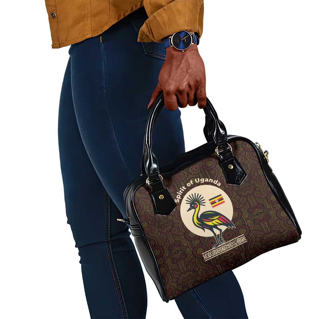 Uganda Shoulder Handbag - Grey Crowned Crane and Tribal Pattern Spirit of Uganda Theme