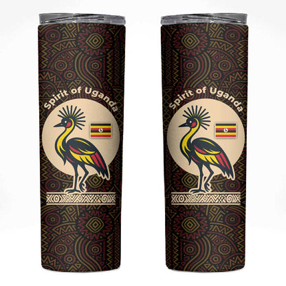 Uganda Skinny Tumbler - Grey Crowned Crane and Tribal Pattern Spirit of Uganda Theme