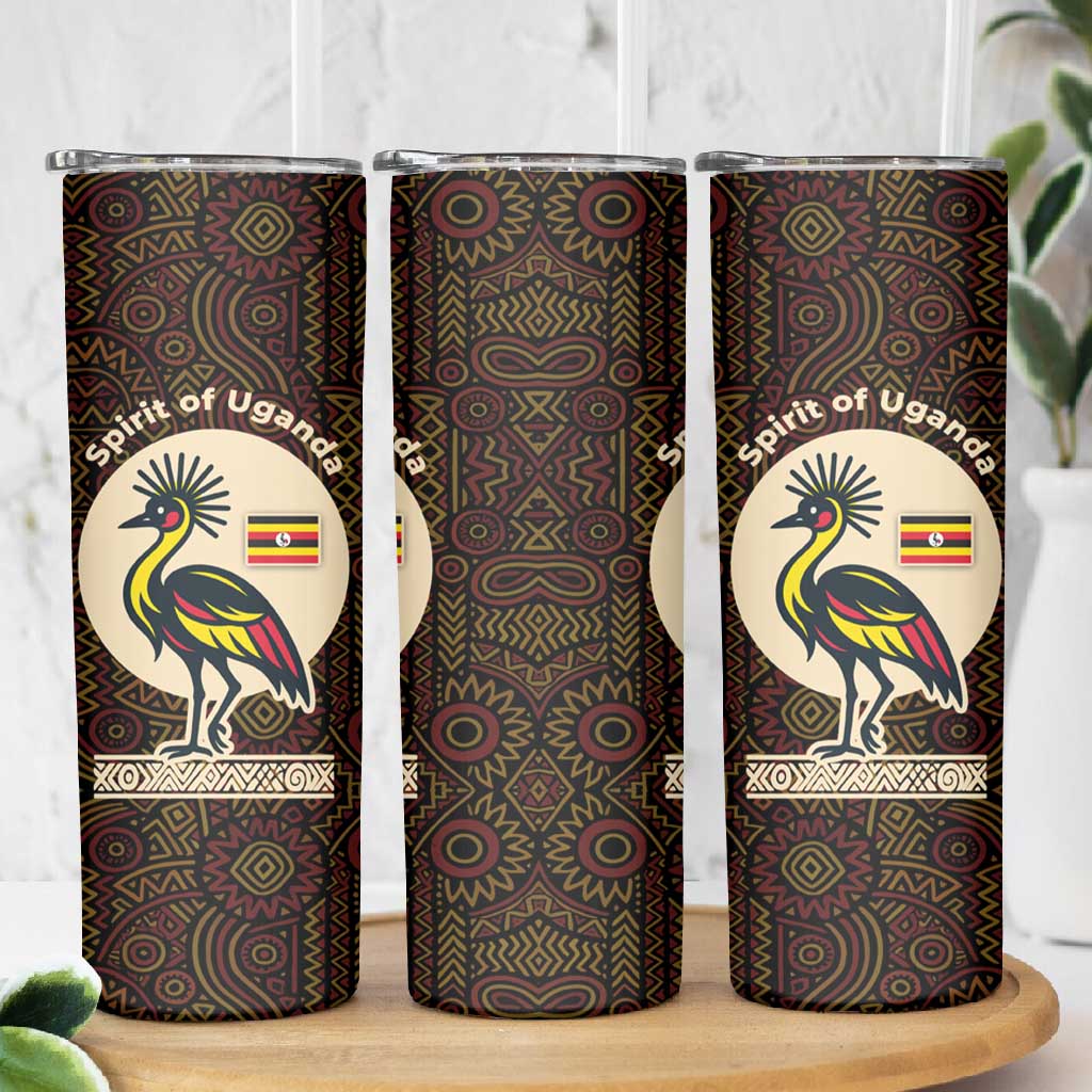 Uganda Skinny Tumbler - Grey Crowned Crane and Tribal Pattern Spirit of Uganda Theme