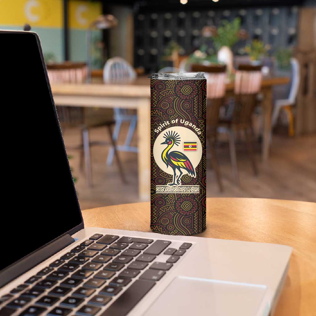 Uganda Skinny Tumbler - Grey Crowned Crane and Tribal Pattern Spirit of Uganda Theme