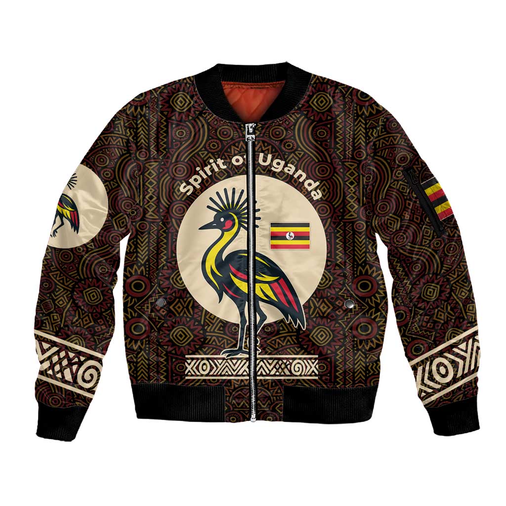 Uganda Sleeve Zip Bomber Jacket - Grey Crowned Crane and Tribal Pattern Spirit of Uganda Theme