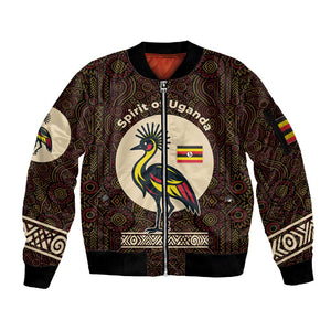 Uganda Sleeve Zip Bomber Jacket - Grey Crowned Crane and Tribal Pattern Spirit of Uganda Theme