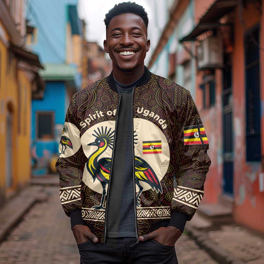 Uganda Sleeve Zip Bomber Jacket - Grey Crowned Crane and Tribal Pattern Spirit of Uganda Theme