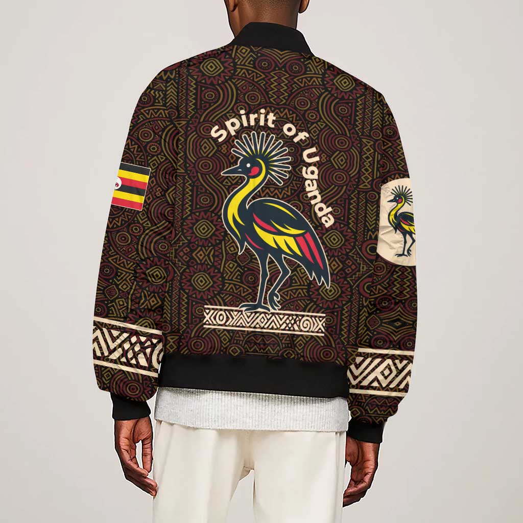 Uganda Sleeve Zip Bomber Jacket - Grey Crowned Crane and Tribal Pattern Spirit of Uganda Theme