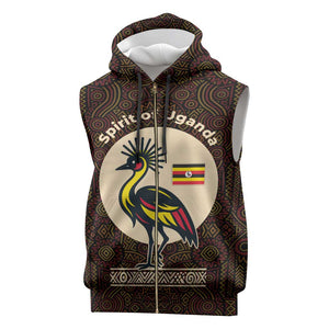 Uganda Sleeveless Zip Hoodie - Grey Crowned Crane and Tribal Pattern Spirit of Uganda Theme - African Pride