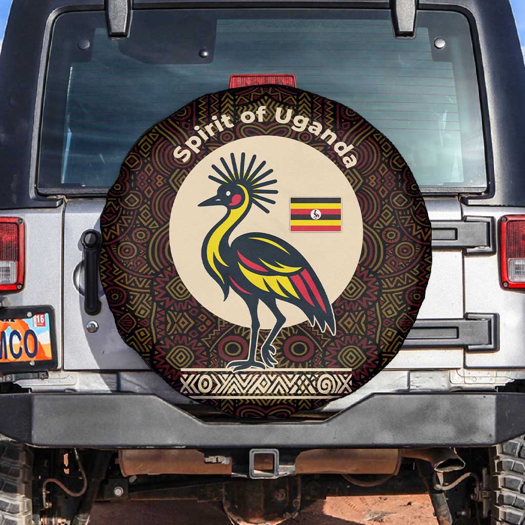 Uganda Spare Tire Cover - Grey Crowned Crane and Tribal Pattern Spirit of Uganda Theme