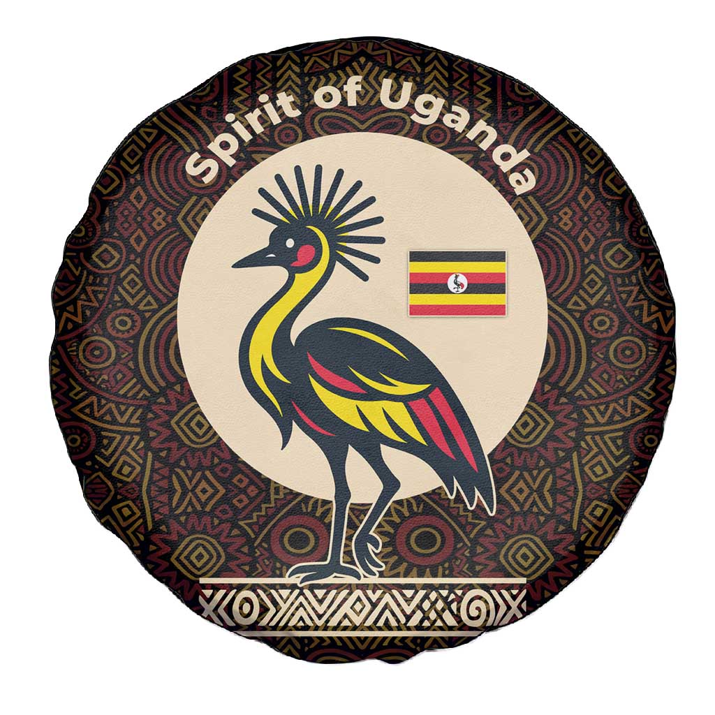Uganda Spare Tire Cover - Grey Crowned Crane and Tribal Pattern Spirit of Uganda Theme
