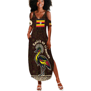 Uganda Summer Maxi Dress - Grey Crowned Crane and Tribal Pattern Spirit of Uganda Theme
