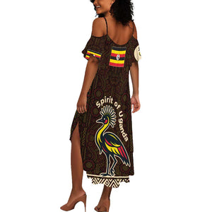 Uganda Summer Maxi Dress - Grey Crowned Crane and Tribal Pattern Spirit of Uganda Theme