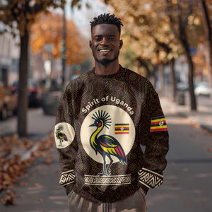 Uganda Sweatshirt - Grey Crowned Crane and Tribal Pattern Spirit of Uganda Theme