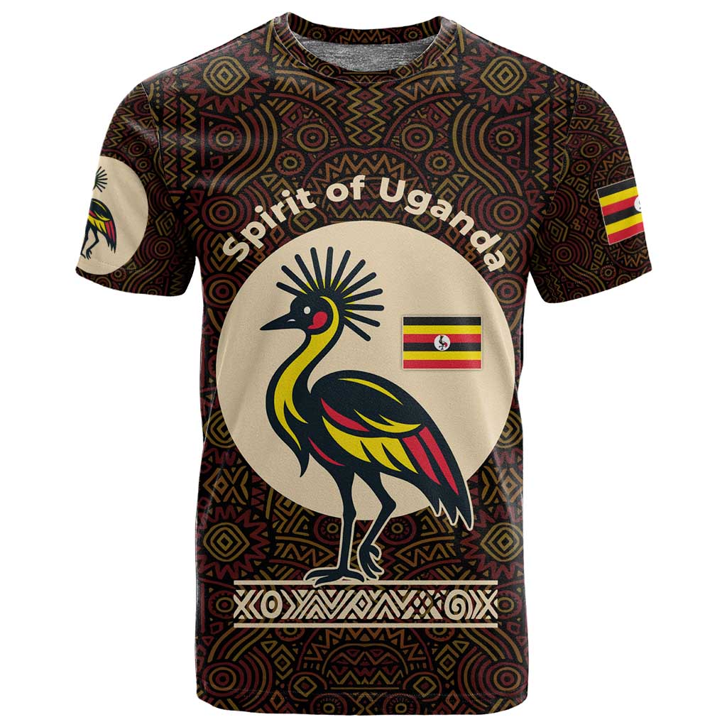 Uganda T shirt - Grey Crowned Crane and Tribal Pattern Spirit of Uganda Theme