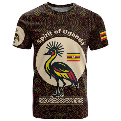 Uganda T shirt - Grey Crowned Crane and Tribal Pattern Spirit of Uganda Theme
