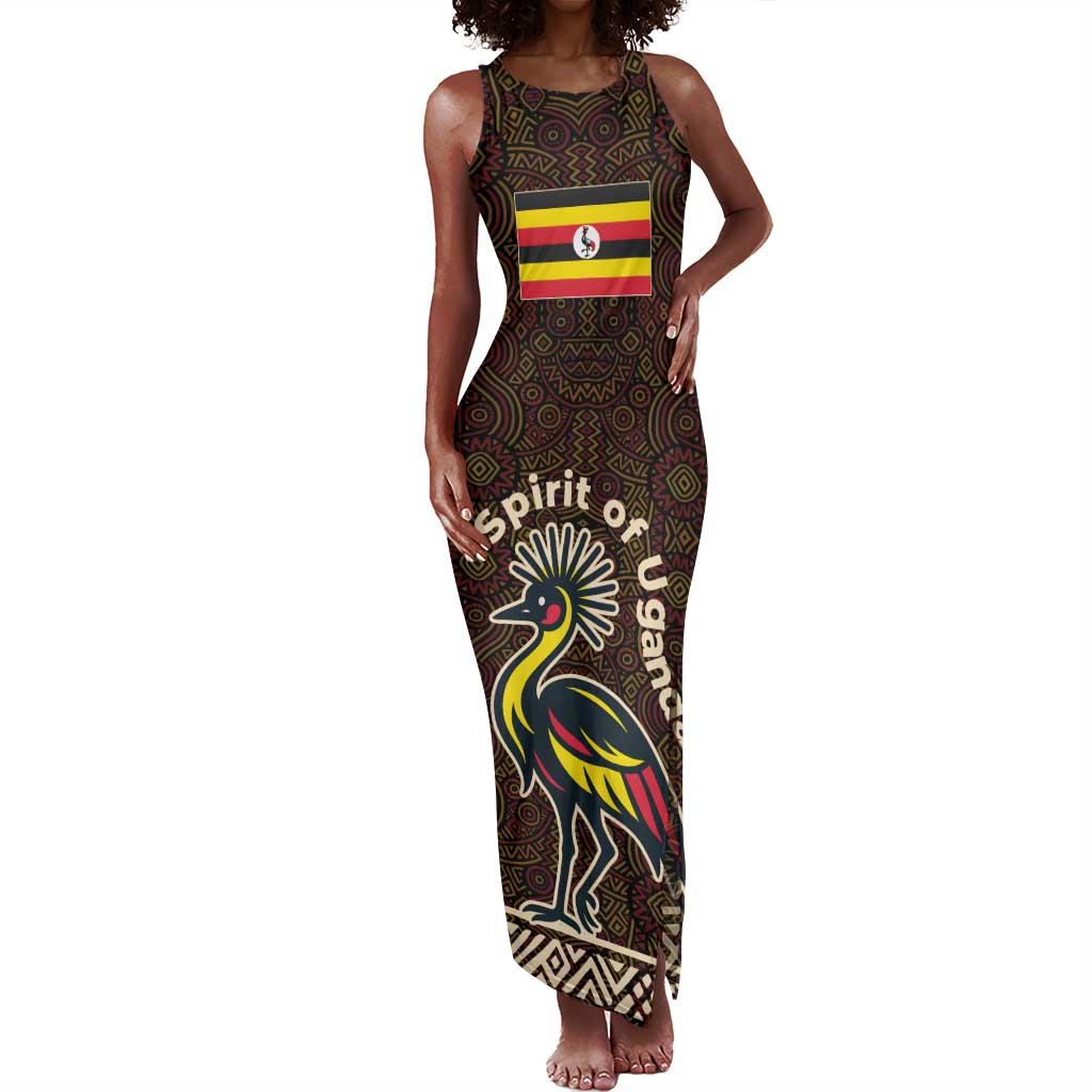 Uganda Tank Maxi Dress - Grey Crowned Crane and Tribal Pattern Spirit of Uganda Theme