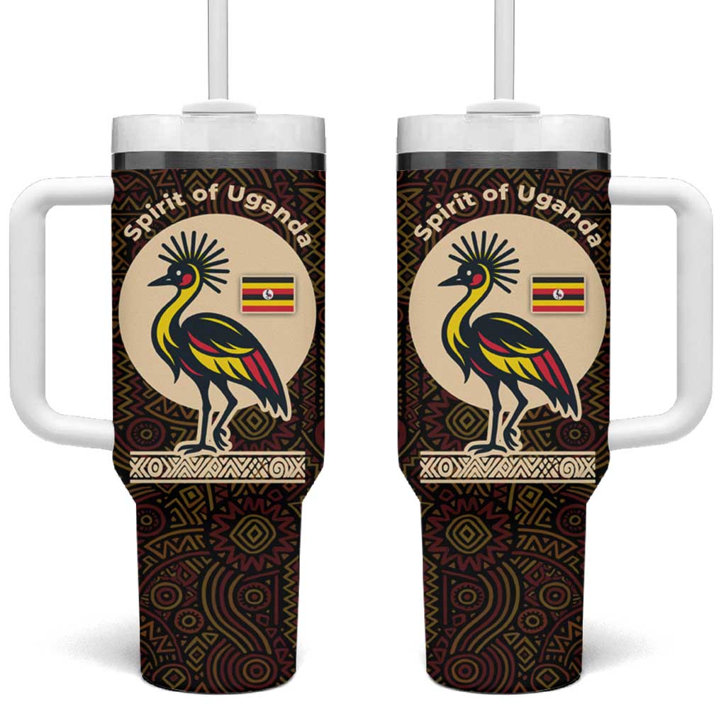 Uganda Tumbler With Handle - Grey Crowned Crane and Tribal Pattern Spirit of Uganda Theme