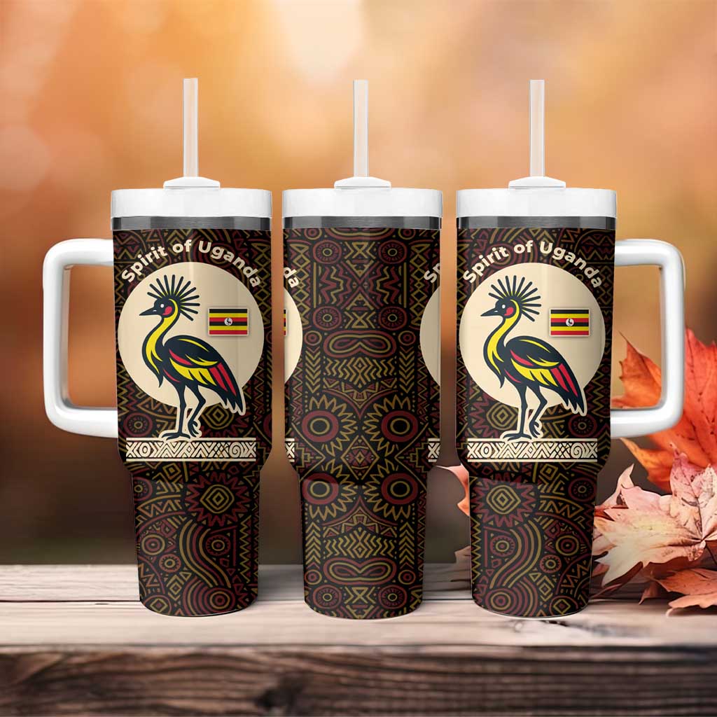 Uganda Tumbler With Handle - Grey Crowned Crane and Tribal Pattern Spirit of Uganda Theme