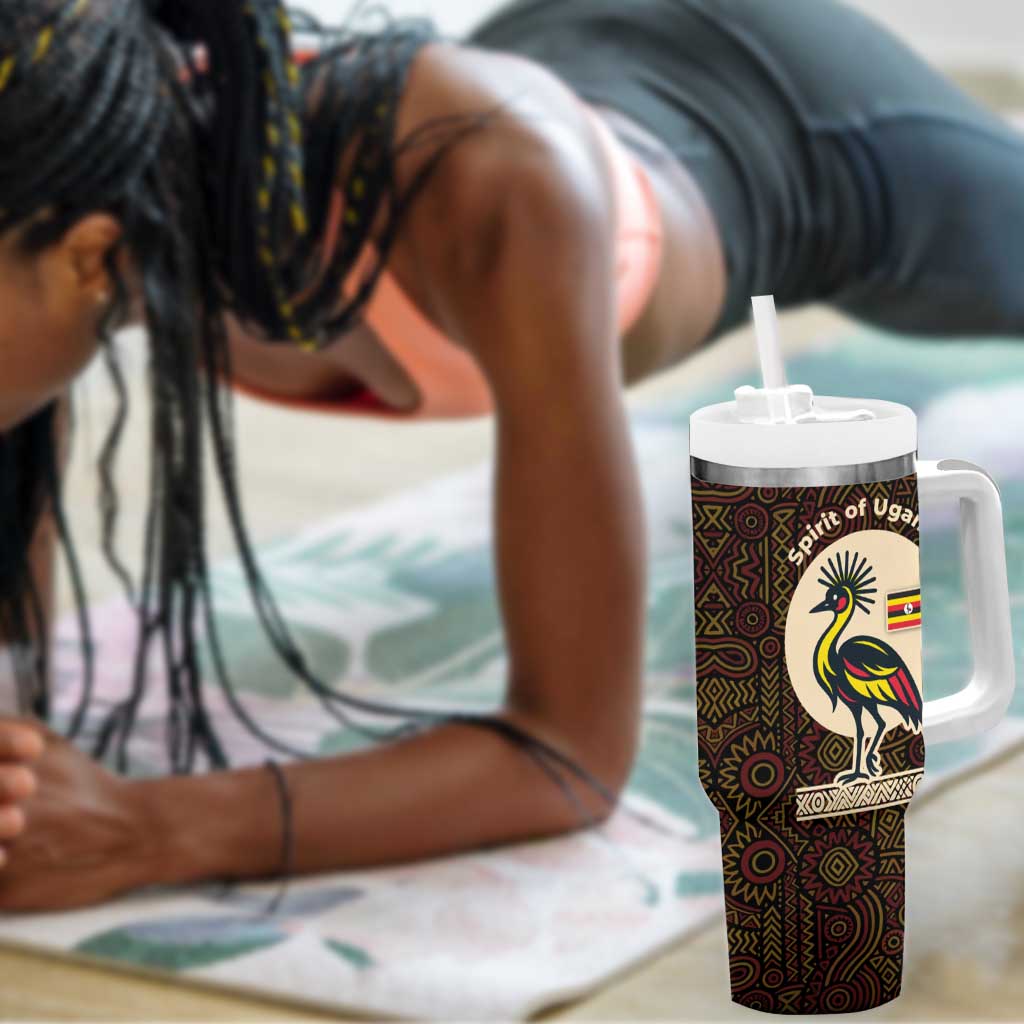 Uganda Tumbler With Handle - Grey Crowned Crane and Tribal Pattern Spirit of Uganda Theme