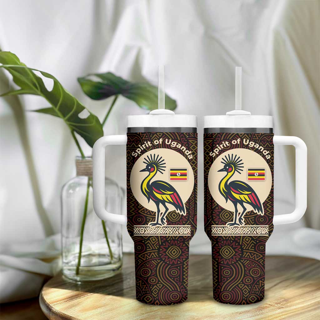 Uganda Tumbler With Handle - Grey Crowned Crane and Tribal Pattern Spirit of Uganda Theme