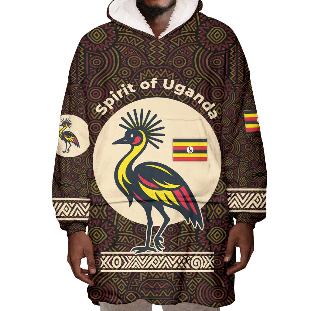 Uganda Wearable Blanket Hoodie - Grey Crowned Crane and Tribal Pattern Spirit of Uganda Theme