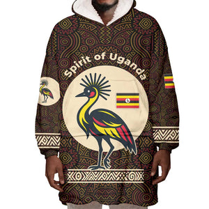 Uganda Wearable Blanket Hoodie - Grey Crowned Crane and Tribal Pattern Spirit of Uganda Theme