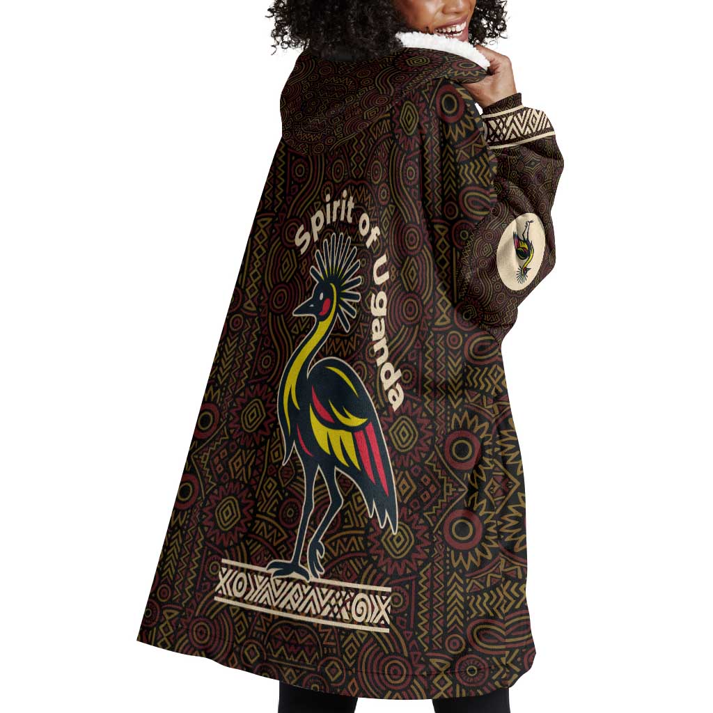 Uganda Wearable Blanket Hoodie - Grey Crowned Crane and Tribal Pattern Spirit of Uganda Theme