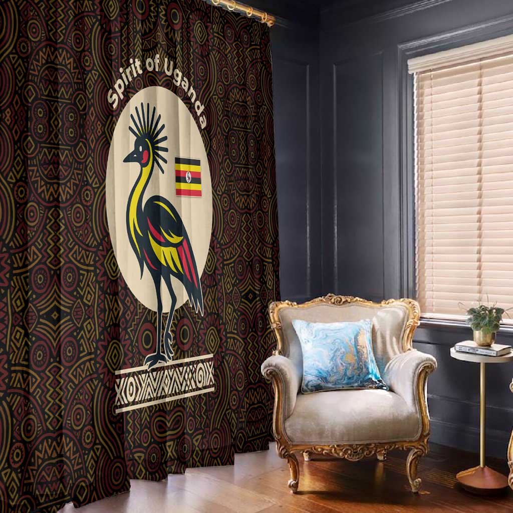 Uganda Window Curtain - Grey Crowned Crane and Tribal Pattern Spirit of Uganda Theme