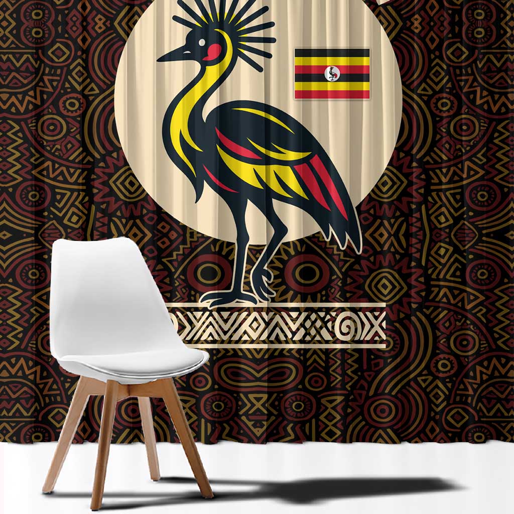 Uganda Window Curtain - Grey Crowned Crane and Tribal Pattern Spirit of Uganda Theme