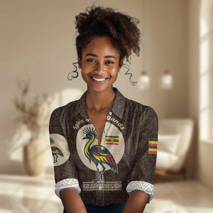 Uganda Women Casual Shirt - Grey Crowned Crane and Tribal Pattern Spirit of Uganda Theme