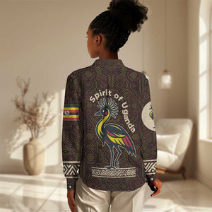 Uganda Women Casual Shirt - Grey Crowned Crane and Tribal Pattern Spirit of Uganda Theme